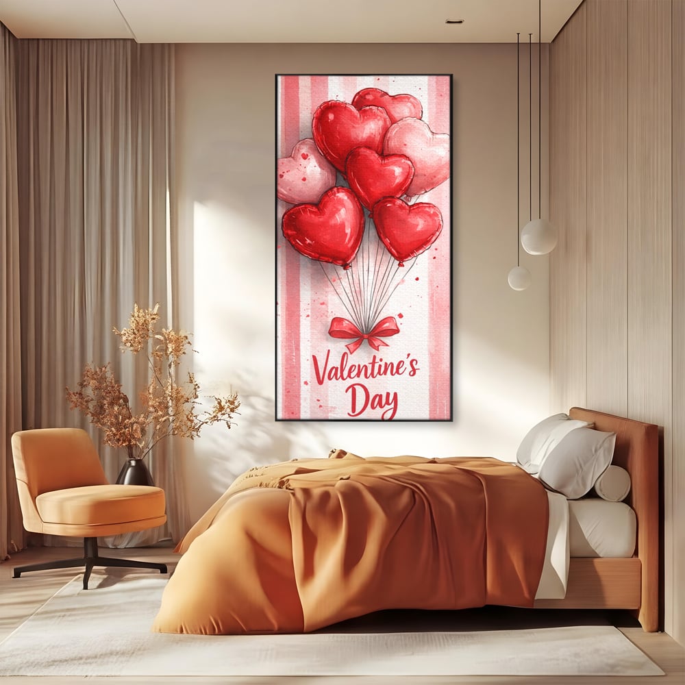 Tablou canvas cu illustratie verticala cu baloane rosii in forma de inima, in rama de aluminiu negru, pe perete intr-un dormitor